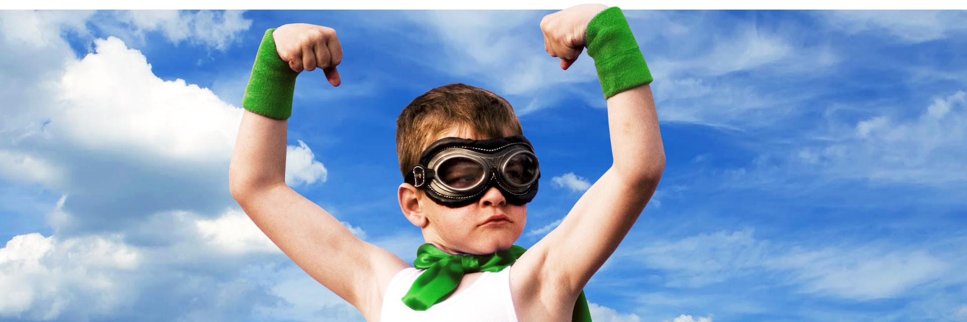 intouch dramatized visual of boy dressed like a superhero and wearing goggles