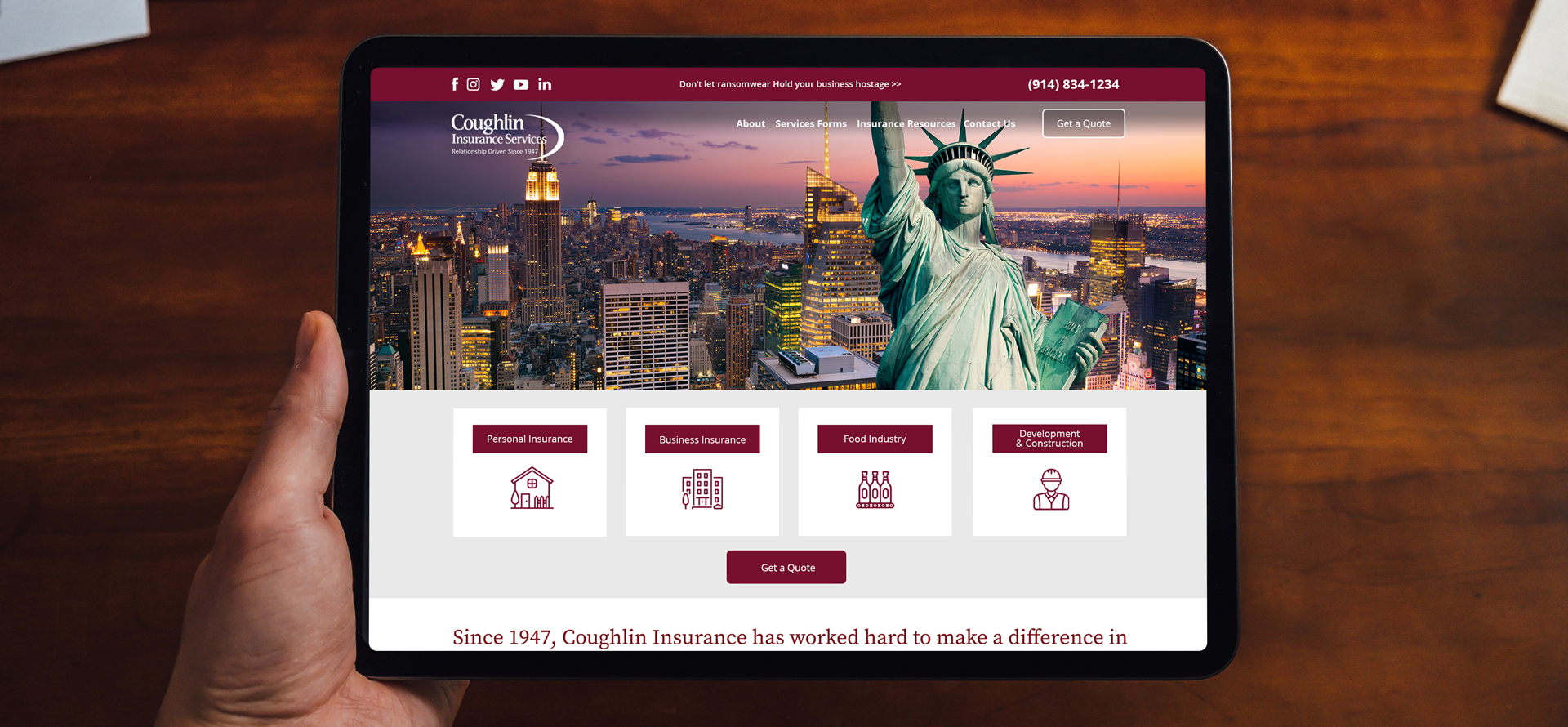 Tablet with Coughlin Insurance Website